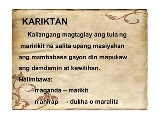 kariktan kahulugan at halimbawa